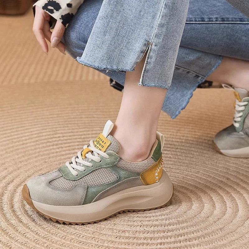 Green Beige Patchwork Chunky Sneakers Women Breathable Mesh Suede Zpaxo