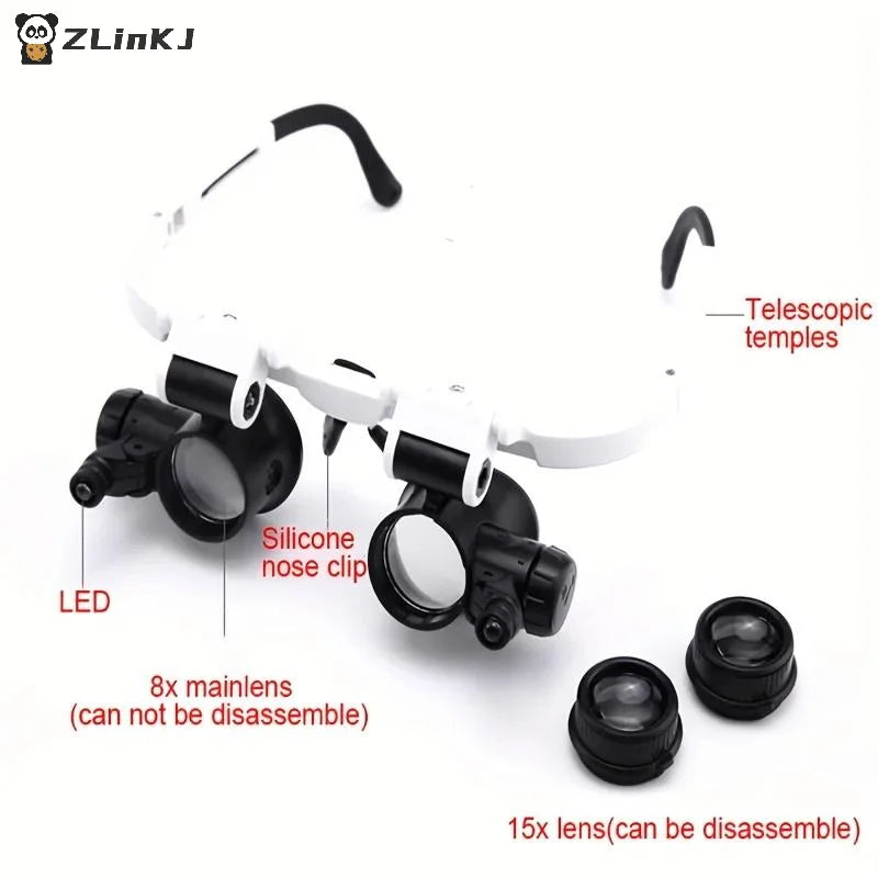 ▶1Pcs 8X/15X/23X Magnifying Glass Jeweler Watchmaker With LED Light Telescopic Headband Magnifier Glasses Zpaxo