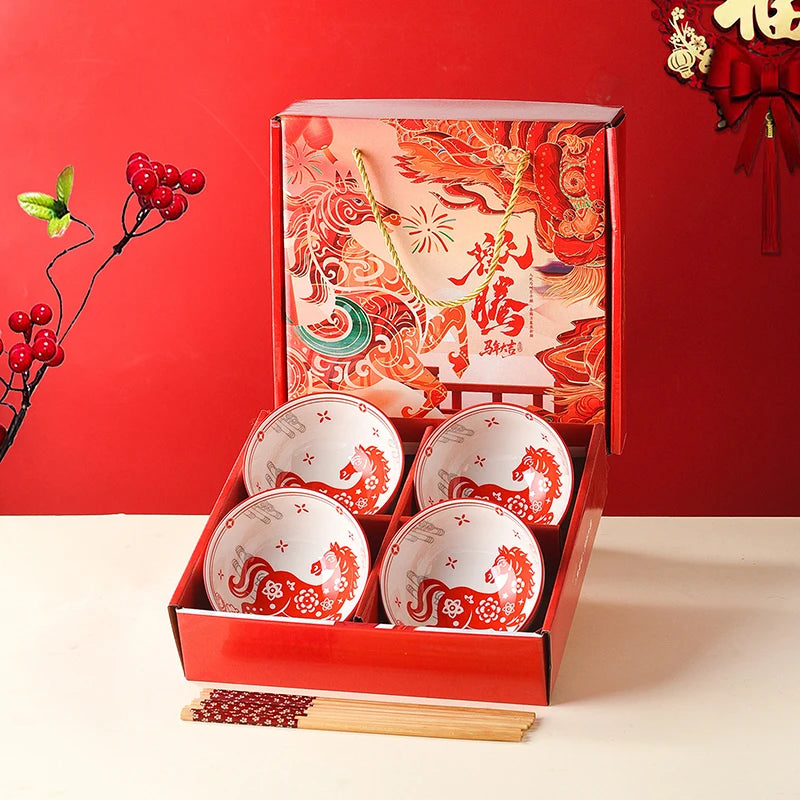 Year Horse Ceramic Bowls Chopsticks Year's Souvenir Zpaxo one size B