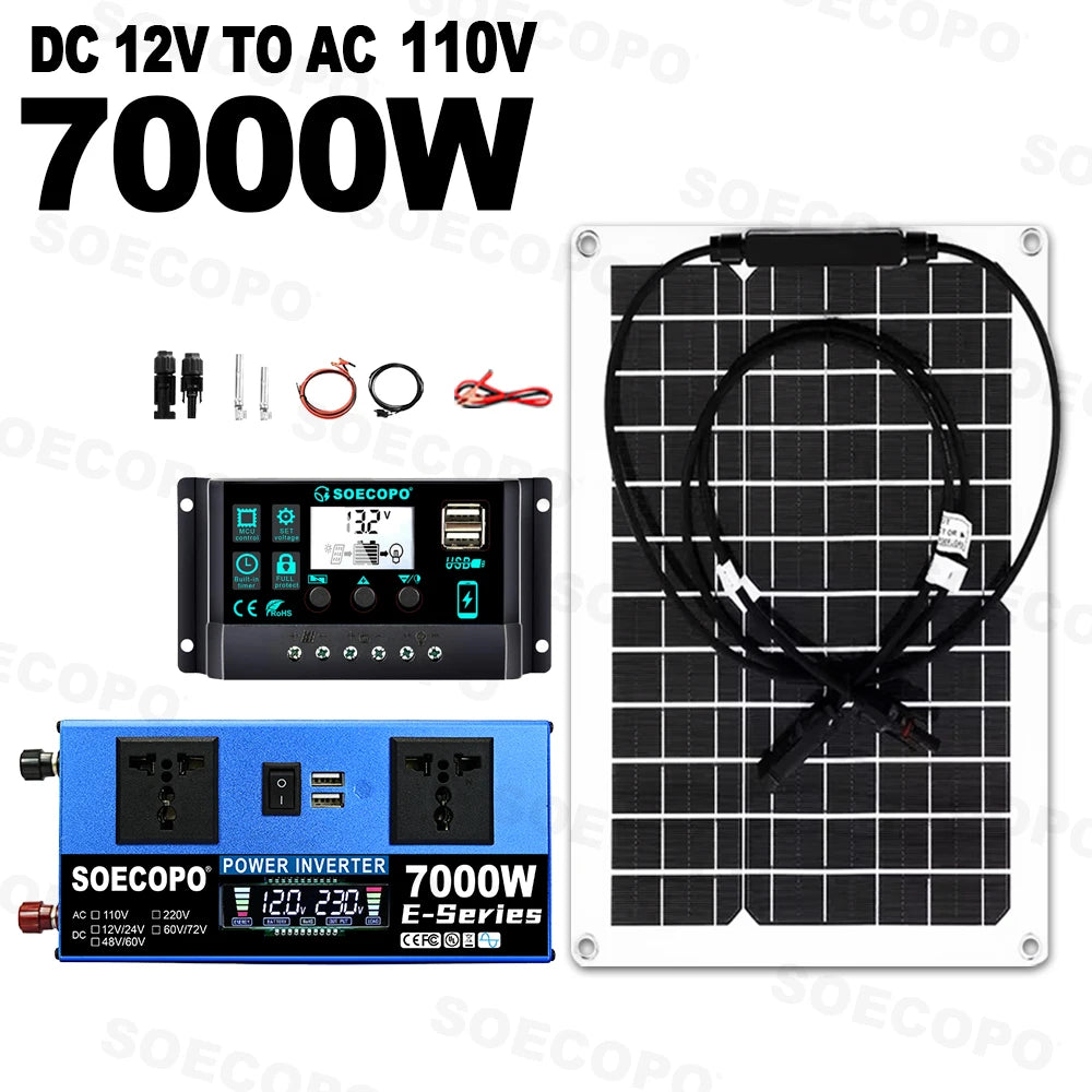 7000W Solar Panel Kit Complete 12V/24V To 220V/110V Inverter (700W Rate) | Flexible Solar | 100A Controller for RV/Boat/Home Zpaxo 110V Solar Kit