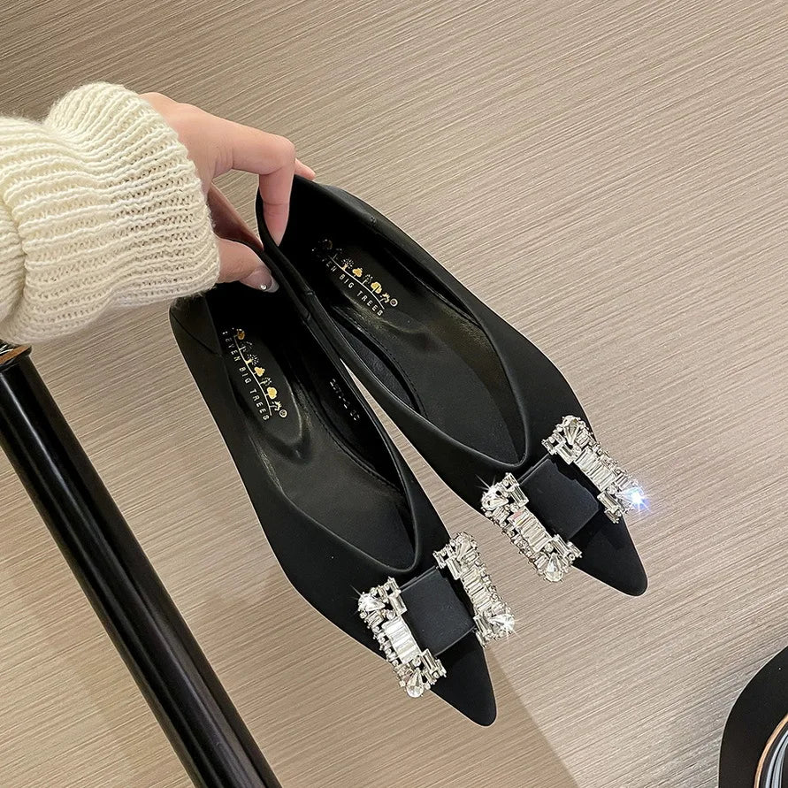 Flat Shoes for Women Spring and Autumn 2025 New Pointed Toe Metal Rhinestone Buckle and Satin Mouth Flat Heel for Women Zpaxo