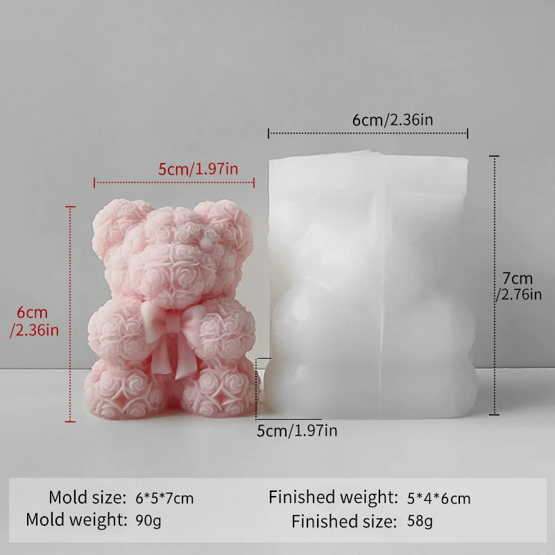 3D Rose Bear Candle Silicone Mold for Valentine's Day DIY Heart Bow-Tie Bear Soap Wax Craft Ornaments Gift Cake Chocolate Mold Zpaxo JZB-0258