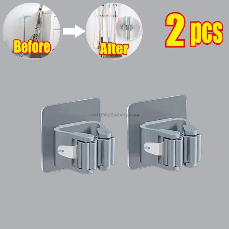 Household Bathroom Non Perforated Mop Holder, Broom Holder, and Card Holder Self-adhesive Mop Holder Kitchen Accessories Zpaxo 2pcs-Grey