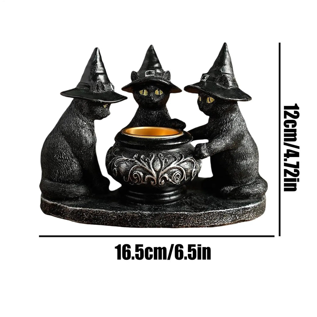 Halloween Black Cat Candlestick Resin Witch Statue Tealight Candle