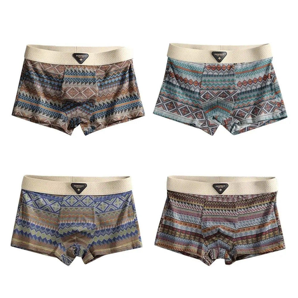 Retro Cotton Boxer Briefs Ultra Soft Breathable Men's Underwear 3D Support Pouch Ethnic Style Seamless Briefs Zpaxo