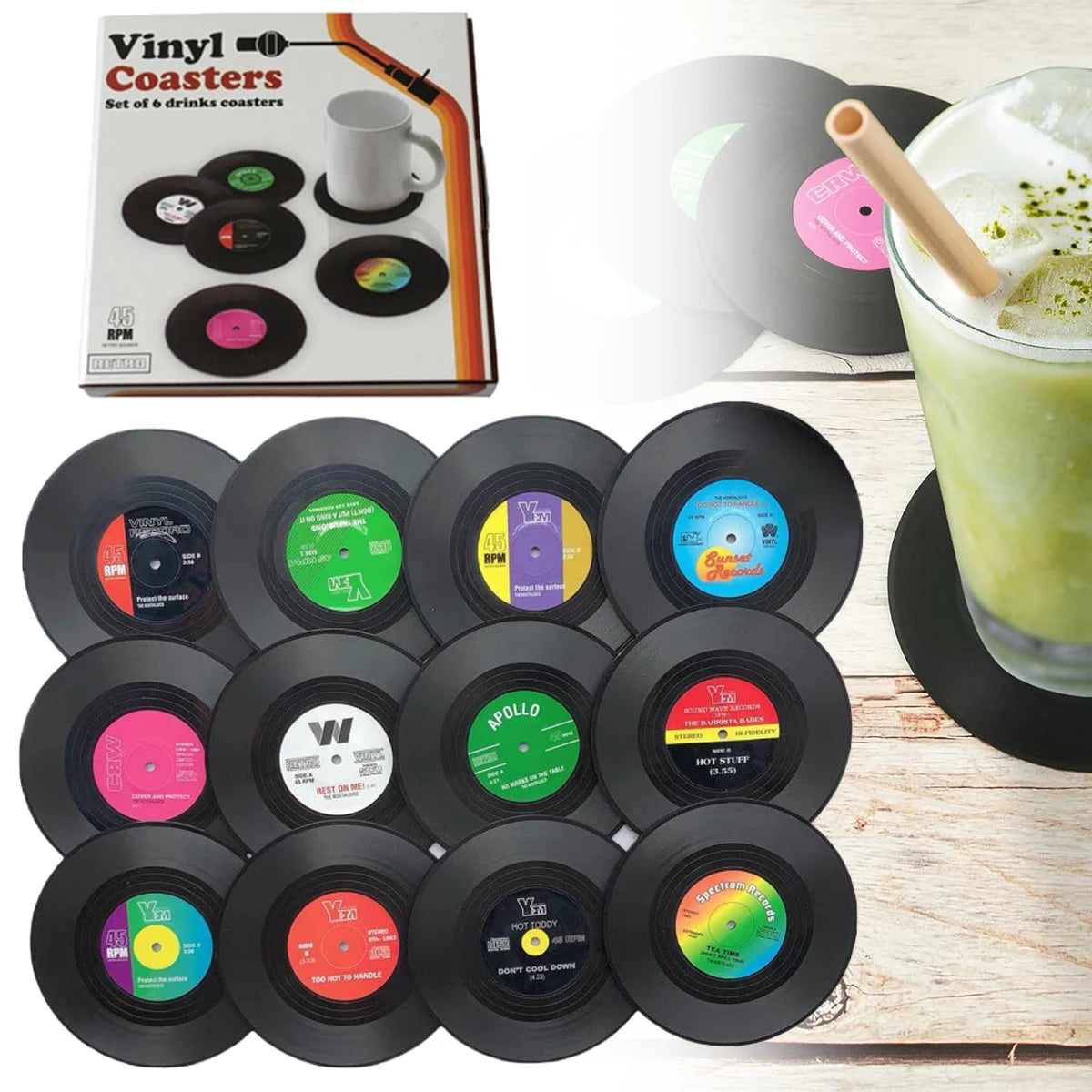 12-Pack Vinyl Record Coasters – Non-Slip Retro Music Cup Mats