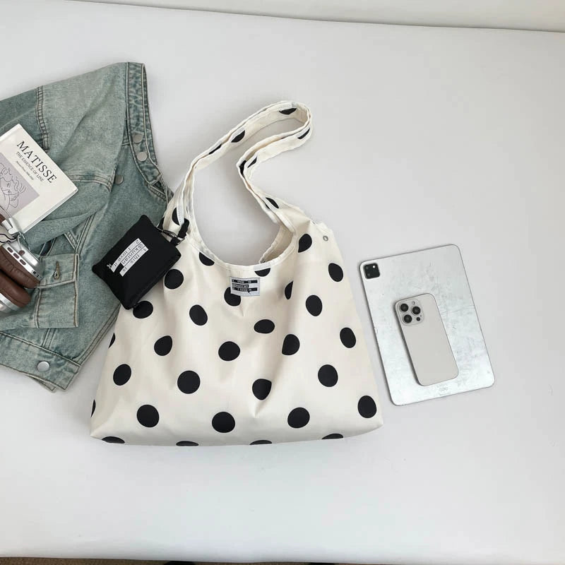 Women Girls Polka Dot Canvas Fashion Shoulder Handbag Vintage Zpaxo White