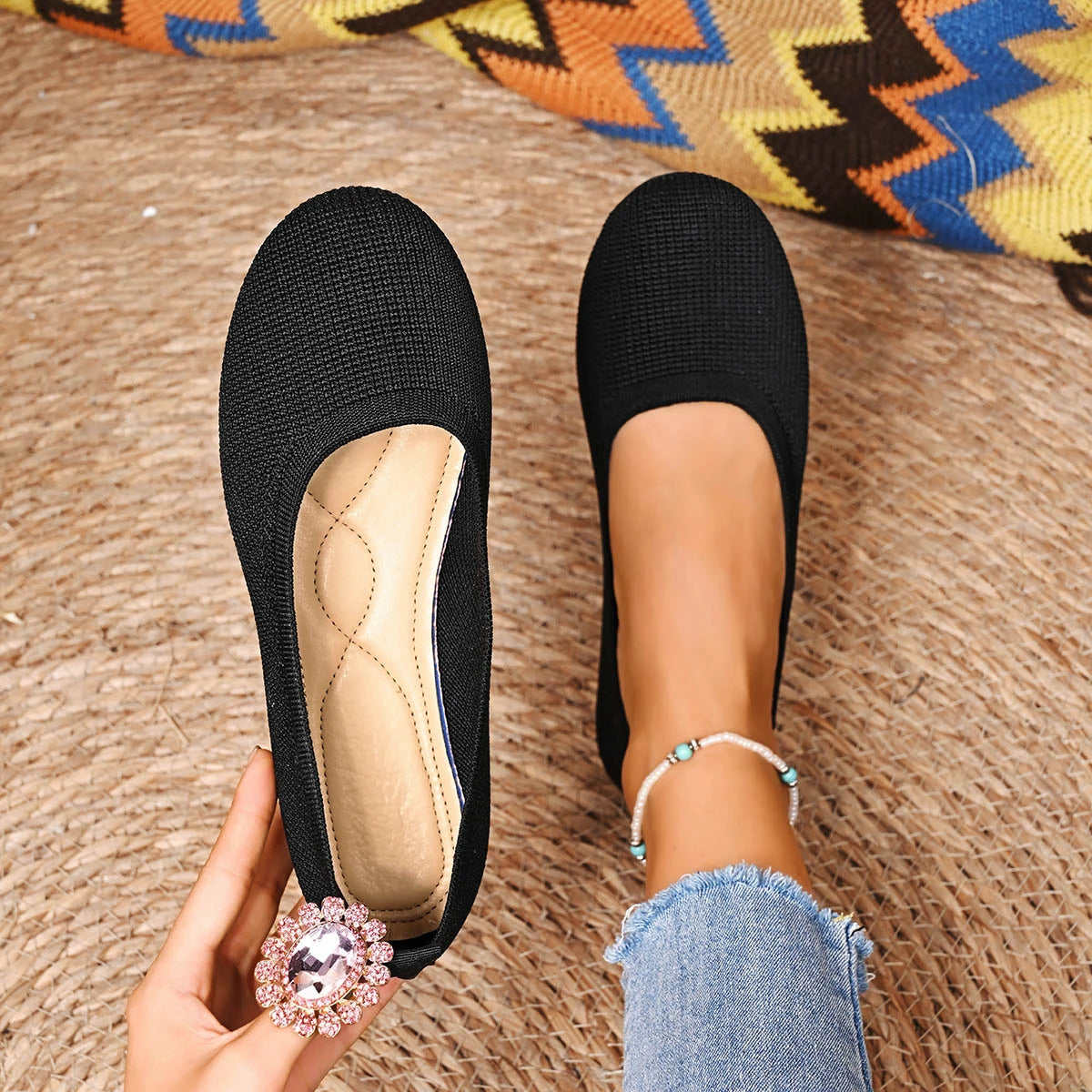Spring Women Flats Shoes Round Toe Plus Size Light Shoes Knitting Sock Sneakers Breathable Slip on Shoes Female Zapatos De Mujer Zpaxo black 40