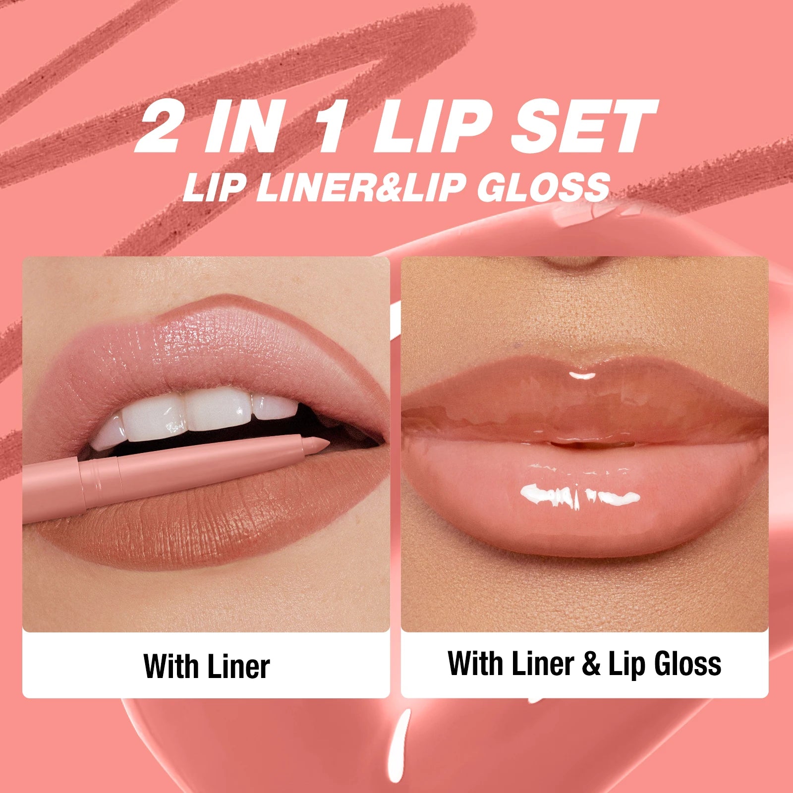 2-in-1 Lip Gloss Lipliner Durable Waterproof Non Staining Fading Zpaxo