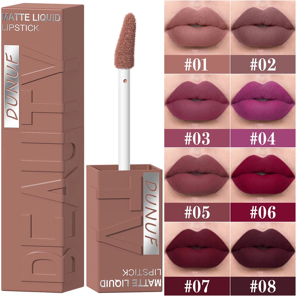 8Pcs/Set Nude Brown Matte Liquid Lipstick Velvet Sexy Dark Red Lip Glaze Non-stick Cup Not Easy To Fade Lip Gloss Lipstick Makeu Zpaxo