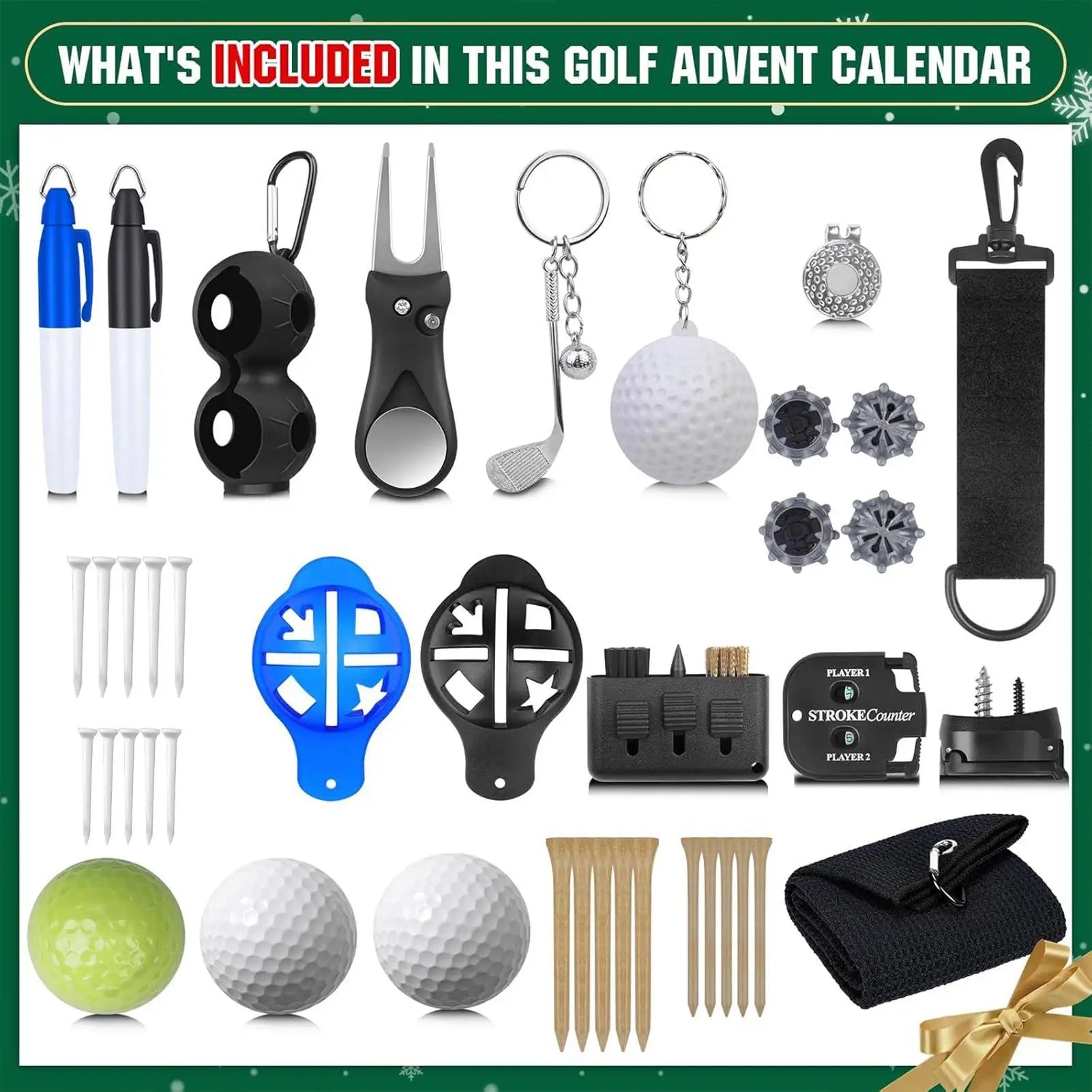 Christmas Countdown Decor 24 Boxes Accessory Golf Themed Design Men