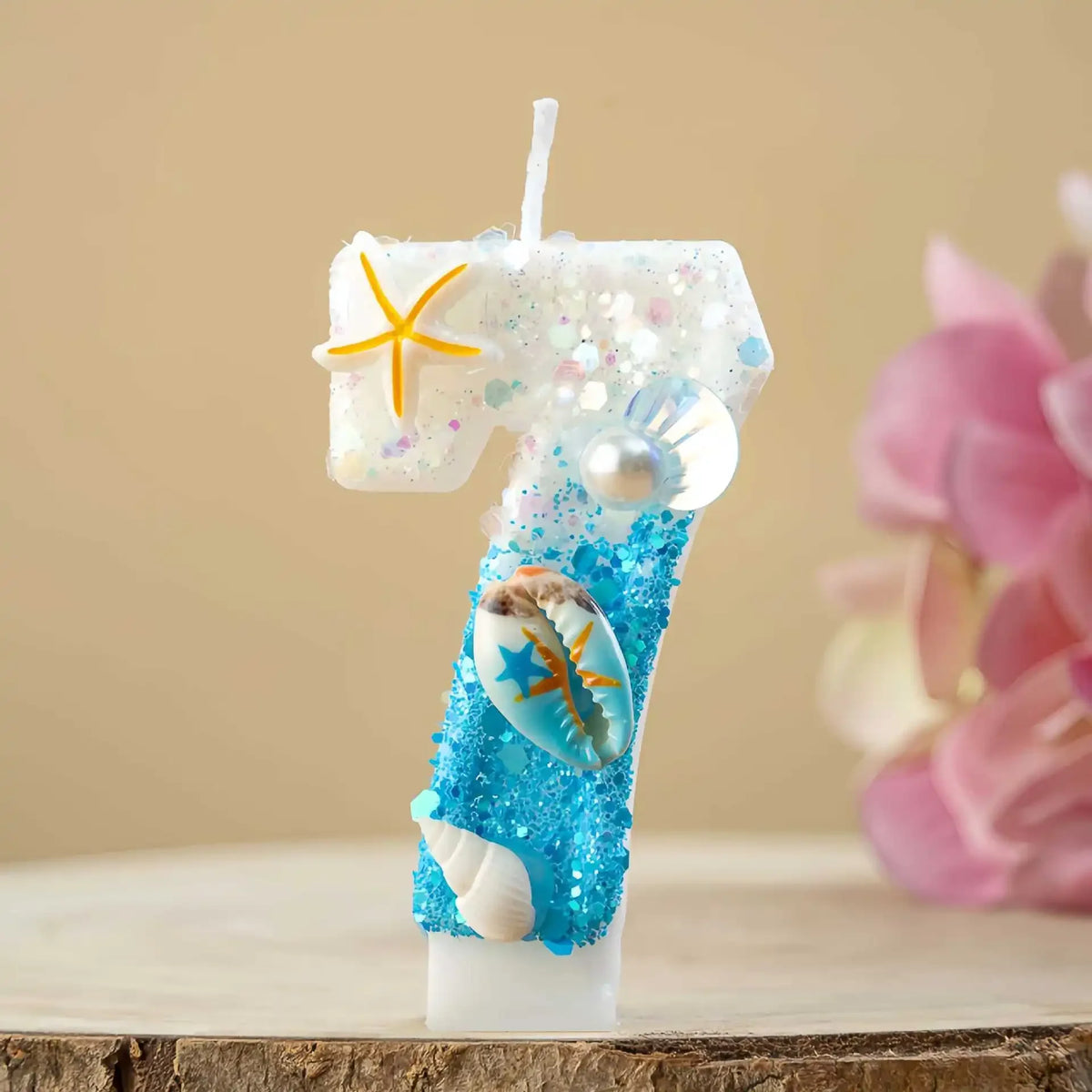 Ocean-themed Blue White Glitter Number Birthday Candles Seashell Zpaxo number 7 B15040H