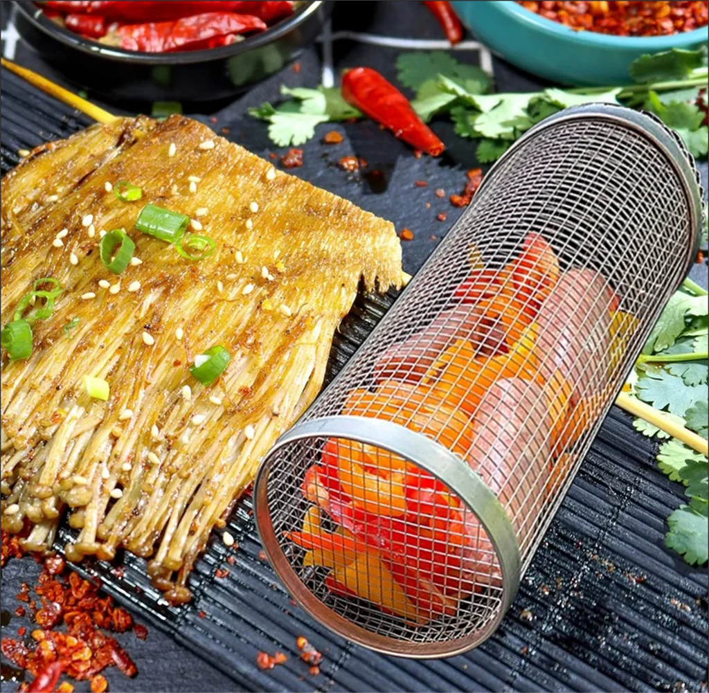 Stainless Steel BBQ Basket Portable Rolling Grilling Wire Mesh Cylinder Grill Rack for Outdoor Camping round Barbecue Holder Zpaxo