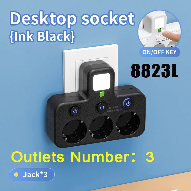 EU Power Strip with USB-C, Multiple AC Outlets & Switches EU Power Strip Zpaxo 8823L Black EU Plug