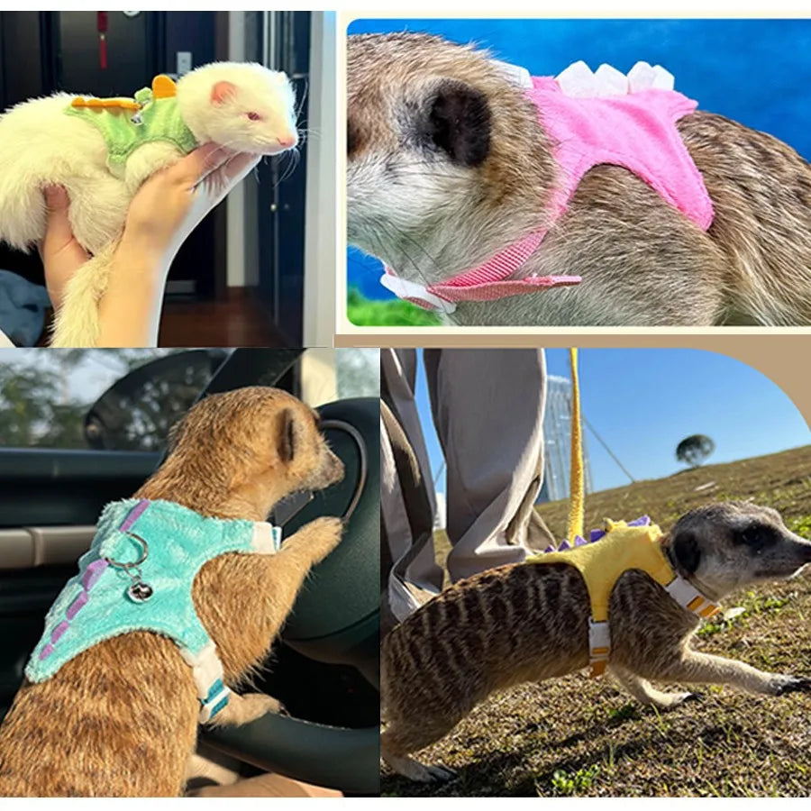 Ferret towing rope vest style adjustable pet rope cute dinosaur shape with bell for outdoor mouse walking rope Zpaxo
