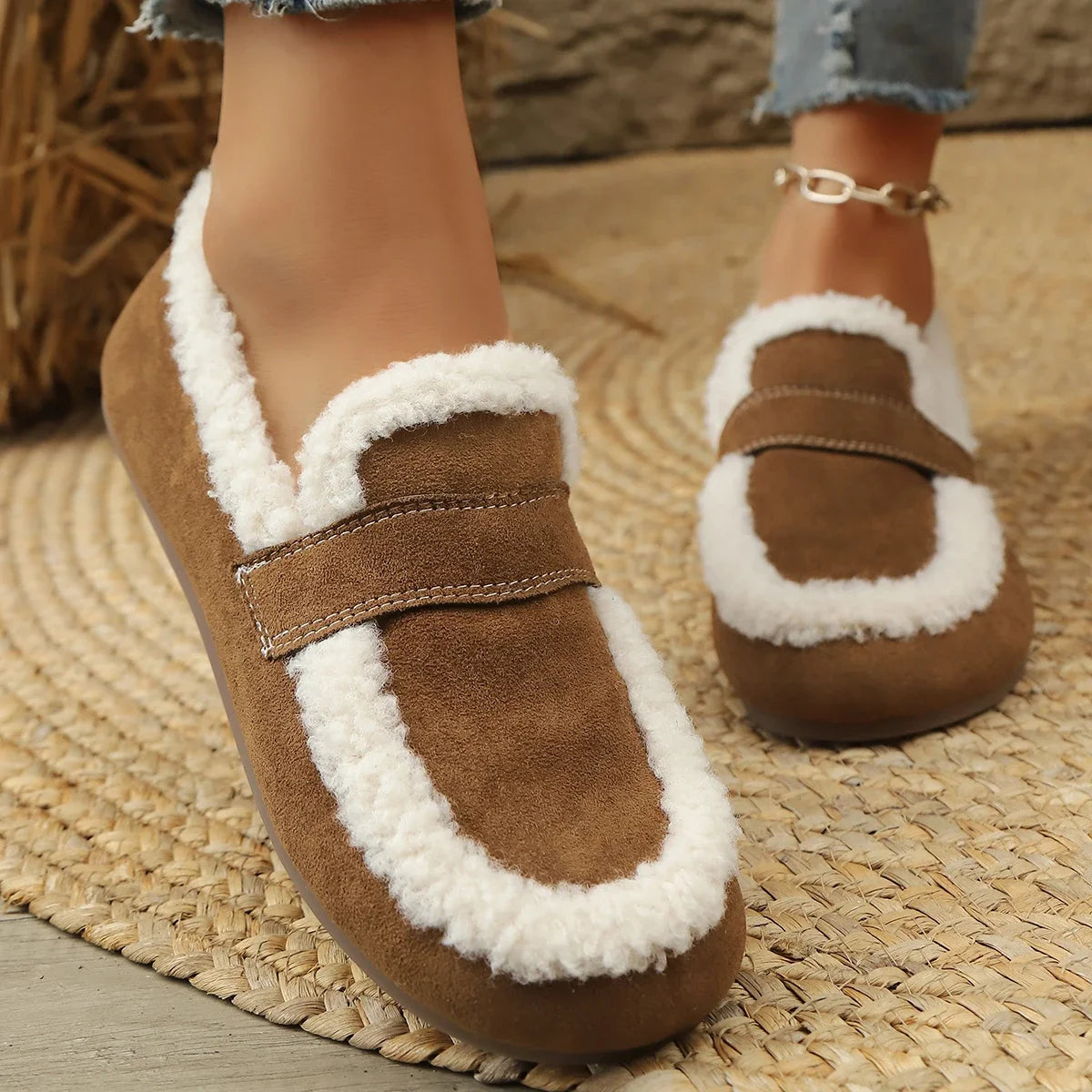 Women Ankle Boots 2025 New Winter Style Cotton Shoes Fur Flat Indoor Outdoor Shoes Thick Bottom Slip-On Home Snow Boots Women Zpaxo Brown 38