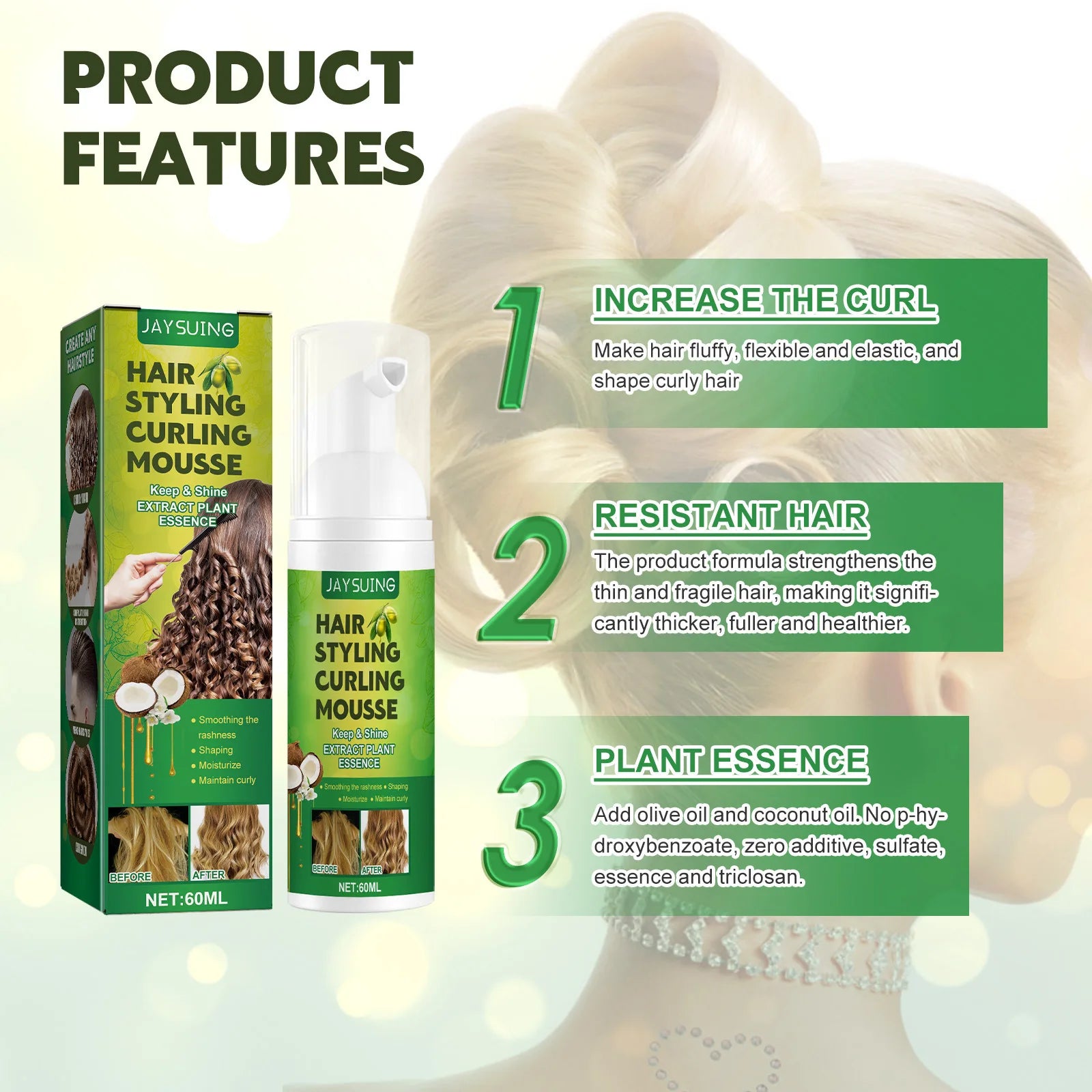 Jaysuing Curly Hair Styling Mousse – Lasting Hold & Shine 60ml Curl Styling Mousse Zpaxo
