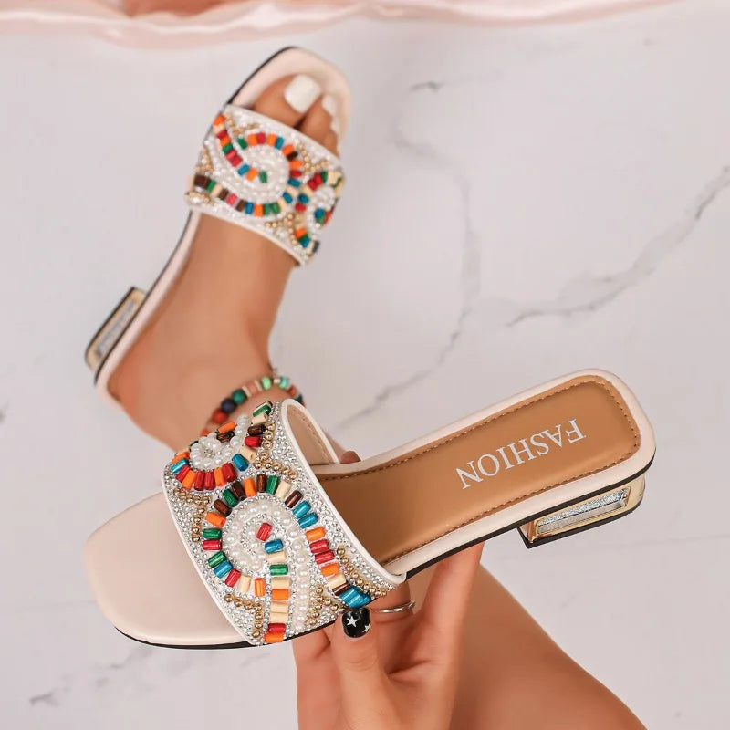 Bohemian Women's Square Open Toe Vintage Pearl Embellishment Slippers Zpaxo WHITE 36