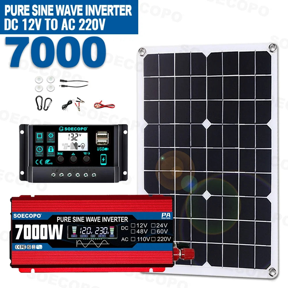 SOECOPO 7000W Portable Solar System Kit 500W Panel Pure Sine Wave Inverter 12V To 110V/220V 100A Controller for Camping Home Zpaxo 12V To 220V 50Hz