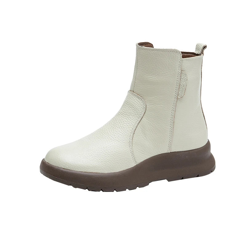 Women Leather Ankle Boots 2026 Round Toe Side Zipper Chunky Sole Zpaxo