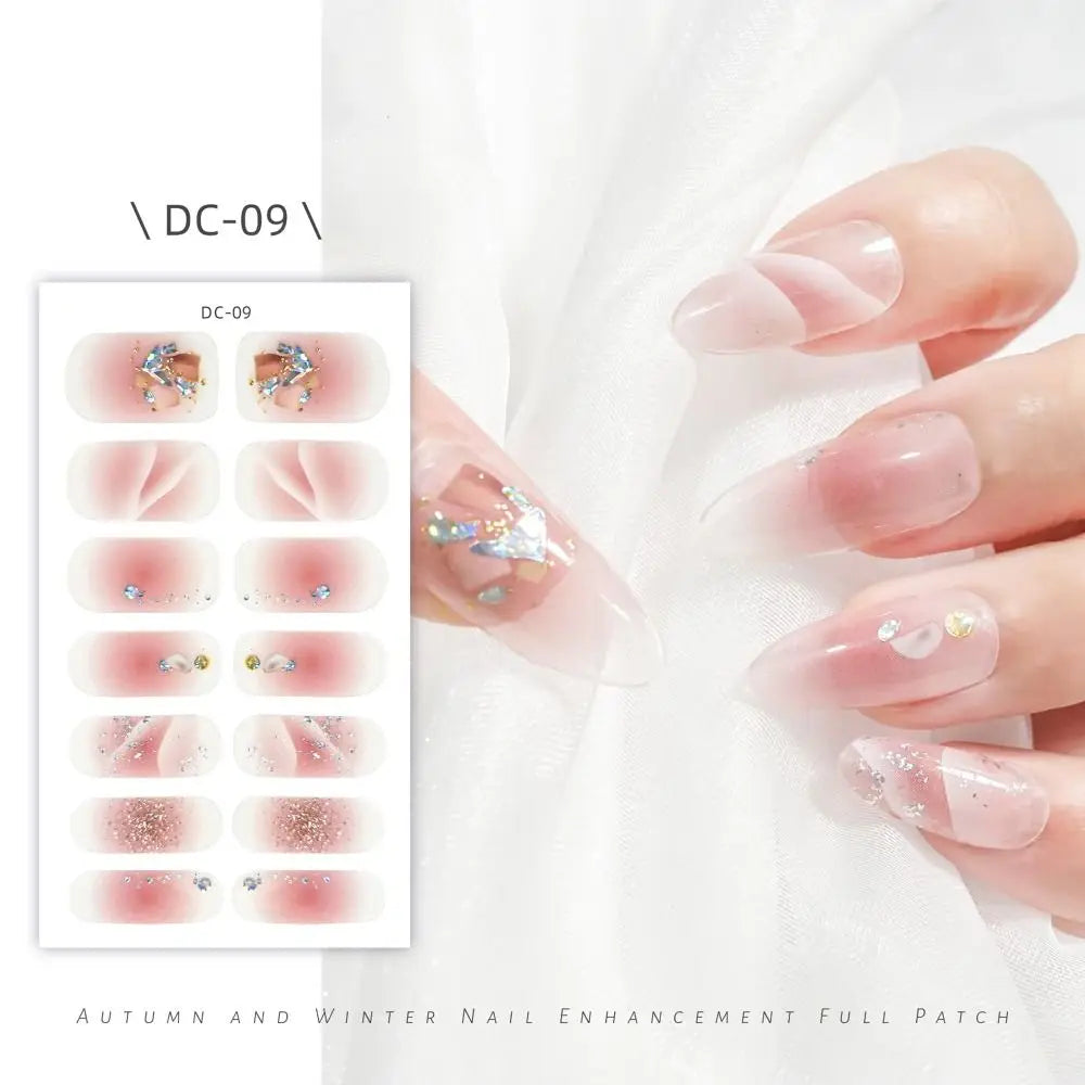 14 Strips Semi Cured Gel Nail Stickers Floristic Full Cover Gel Nail Polish Strips French Nail Art Glittering Nail Art Stickers Zpaxo DC-09