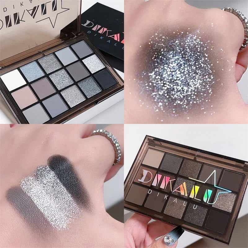 15Colors Cool Toned Eyeshadow Palette Black Smokey Eye Glitter Shadow