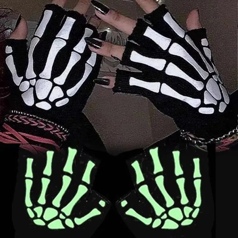 Skeleton Skull Glow-in-the-Dark Fingerless Halloween Gloves