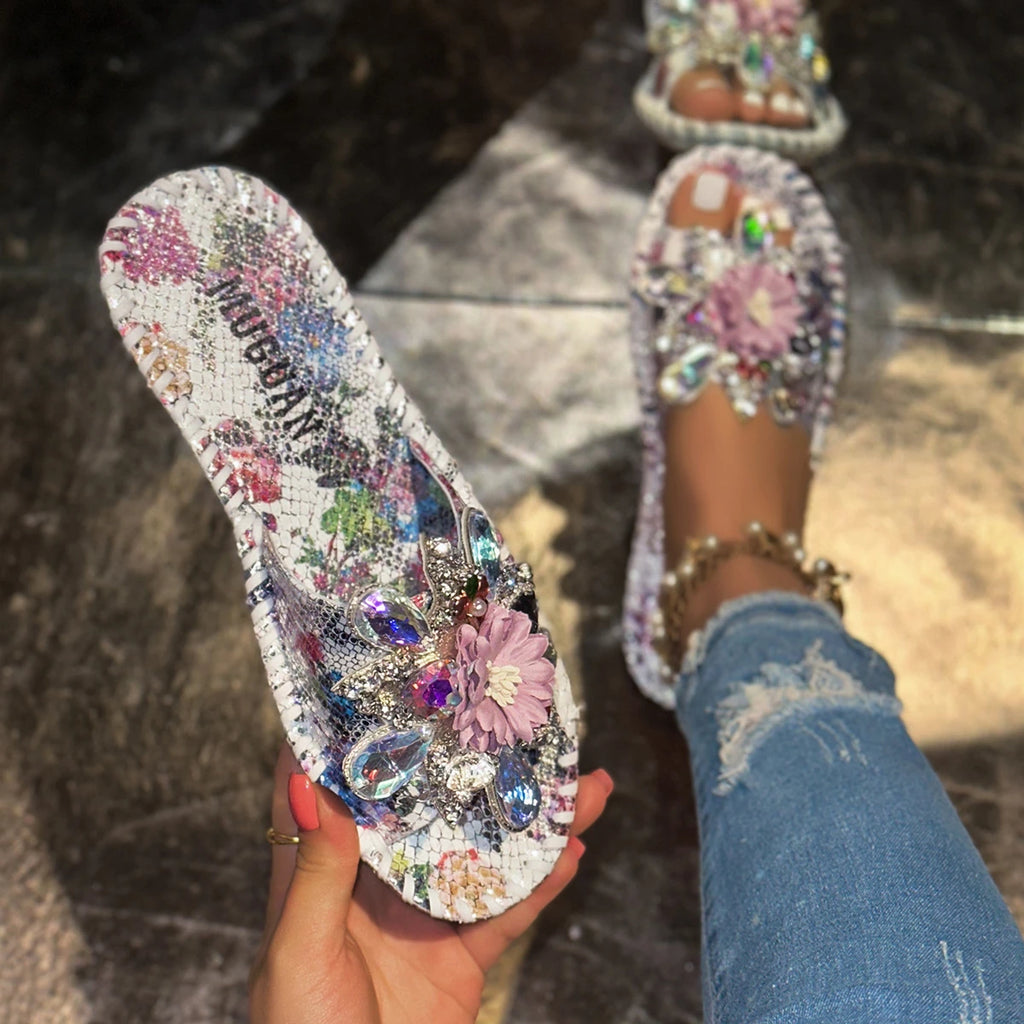 Women Slippers Outdoor Flats Bling Sandals Crystal Flower Summer Zpaxo