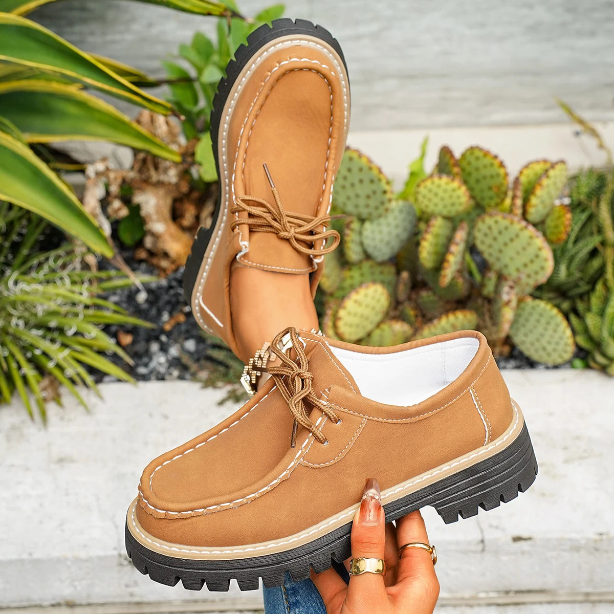 Woman Loafers Round Toe Rubber Outsole Sneakers Women Retro Autumn Large Size Shoes Ladies Casual British Style Thick Heel Shoes Zpaxo Brown 40