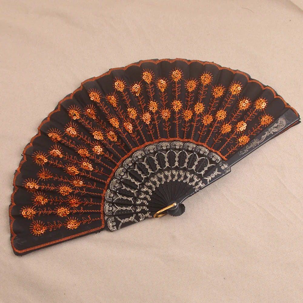 Silk Peacock Sequin Folding Fan – Dance, Wedding & Decor