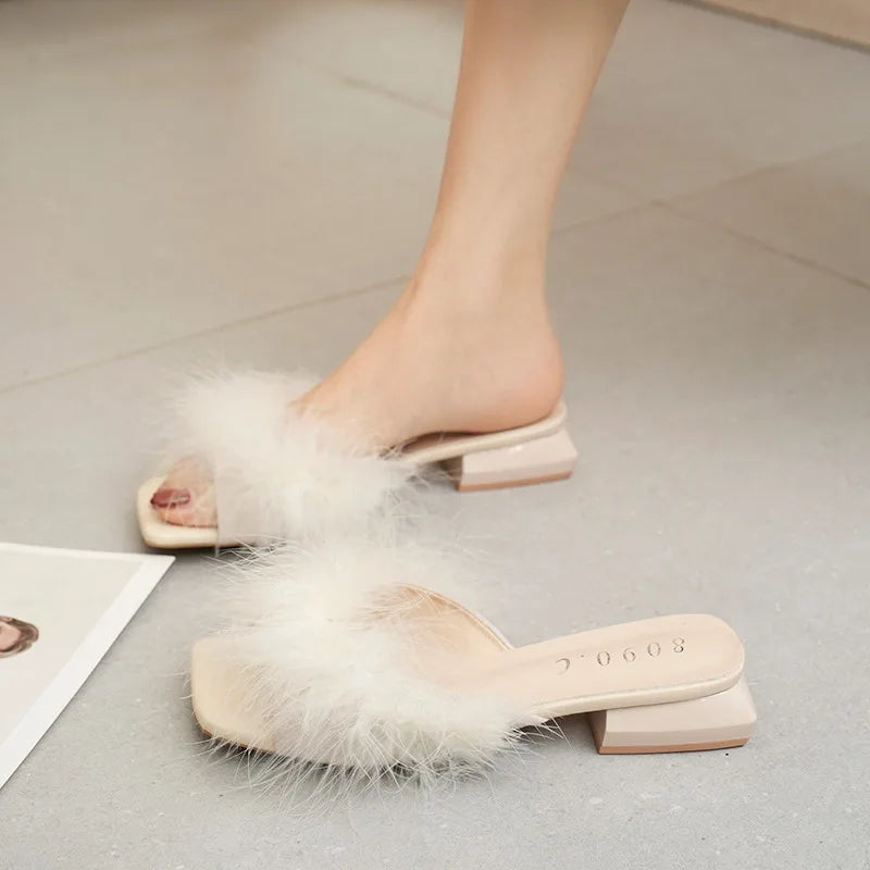 2026 Retro Fluffy Peep Toe Sexy Mid Heels Women's Shoes Summer Zpaxo