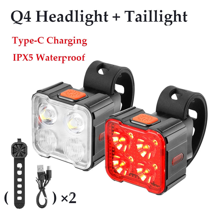 Bicycle Headlight Taillight Mountain Bike Night Ride Lamp Charging Strong Front Light Road Rear Lamp Riding Bicycle Accessories Zpaxo Q4-SET