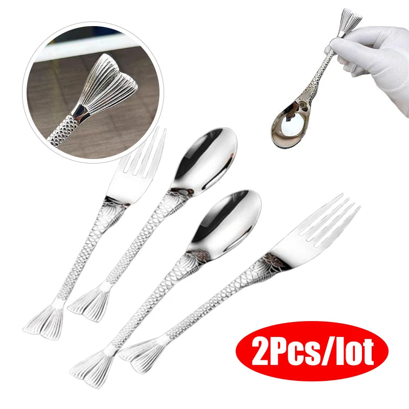 2Pcs Stainless Steel Creative Fish Tail Dining Spoon Fork Eating Spoon Face Children'S Fork Dessert Fruit Fork Dinnerware Set Zpaxo