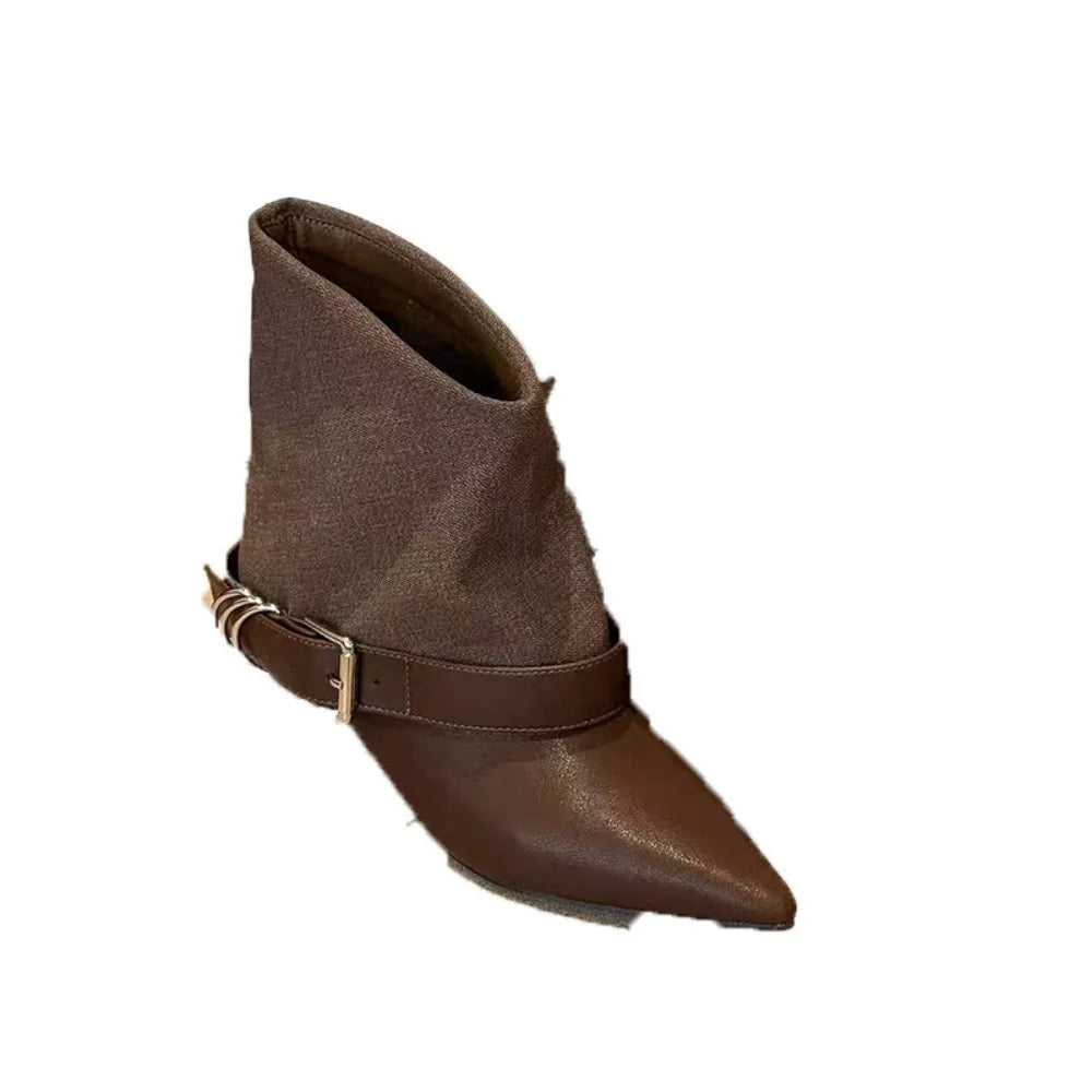 Autumn Winter Pointed Thin Heel Belt Buckle Folded Short Fashion