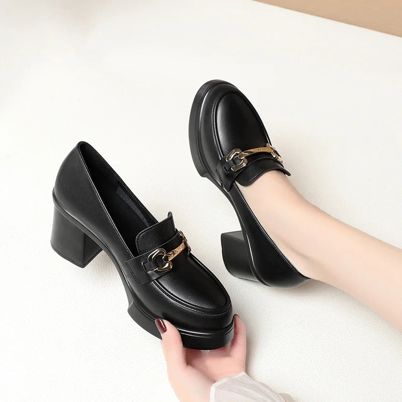 Heels Work Shoes Black Metal Buckle Loafer Catwalk Women's Leather Zpaxo