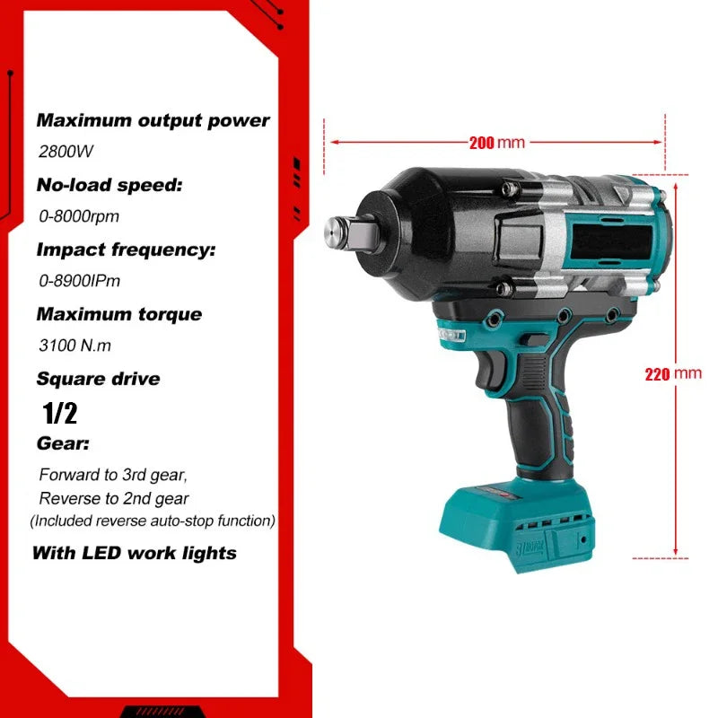 3100N M Torque Brushless Electric Impact Wrench Power Screwdriver