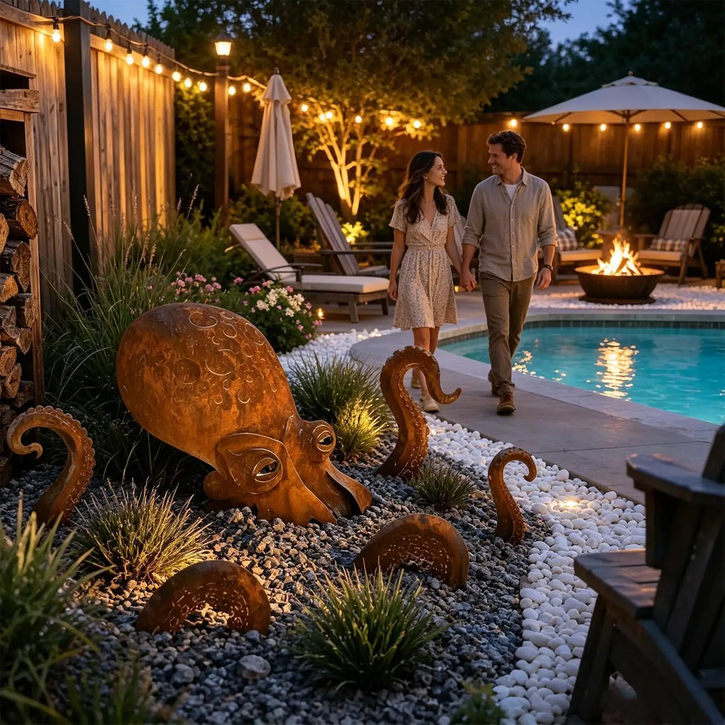 Octopus Statue Vintage Iron Squid Sculpture Figurine Coastal Art Rust Giant Octopus for Outdoor Lawn Pathway Park Backyard Patio Zpaxo