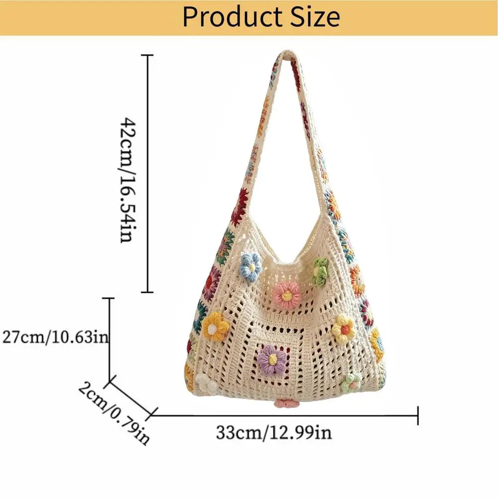 Boho Crochet Flower Bag – Women's Woven Beach Tote Handbag Crochet Tote Bag Zpaxo White
