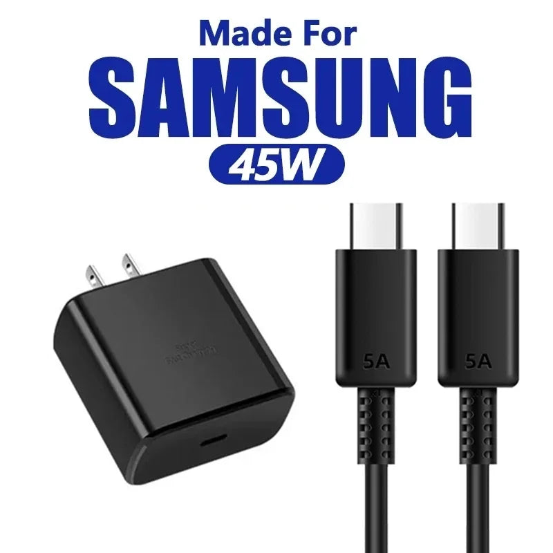 5A 45W PD USB-C Fast Charger Samsung S22 S23 S24 Note 20 A14 A15 A25 Zpaxo US Plug and Cable 1m Cable