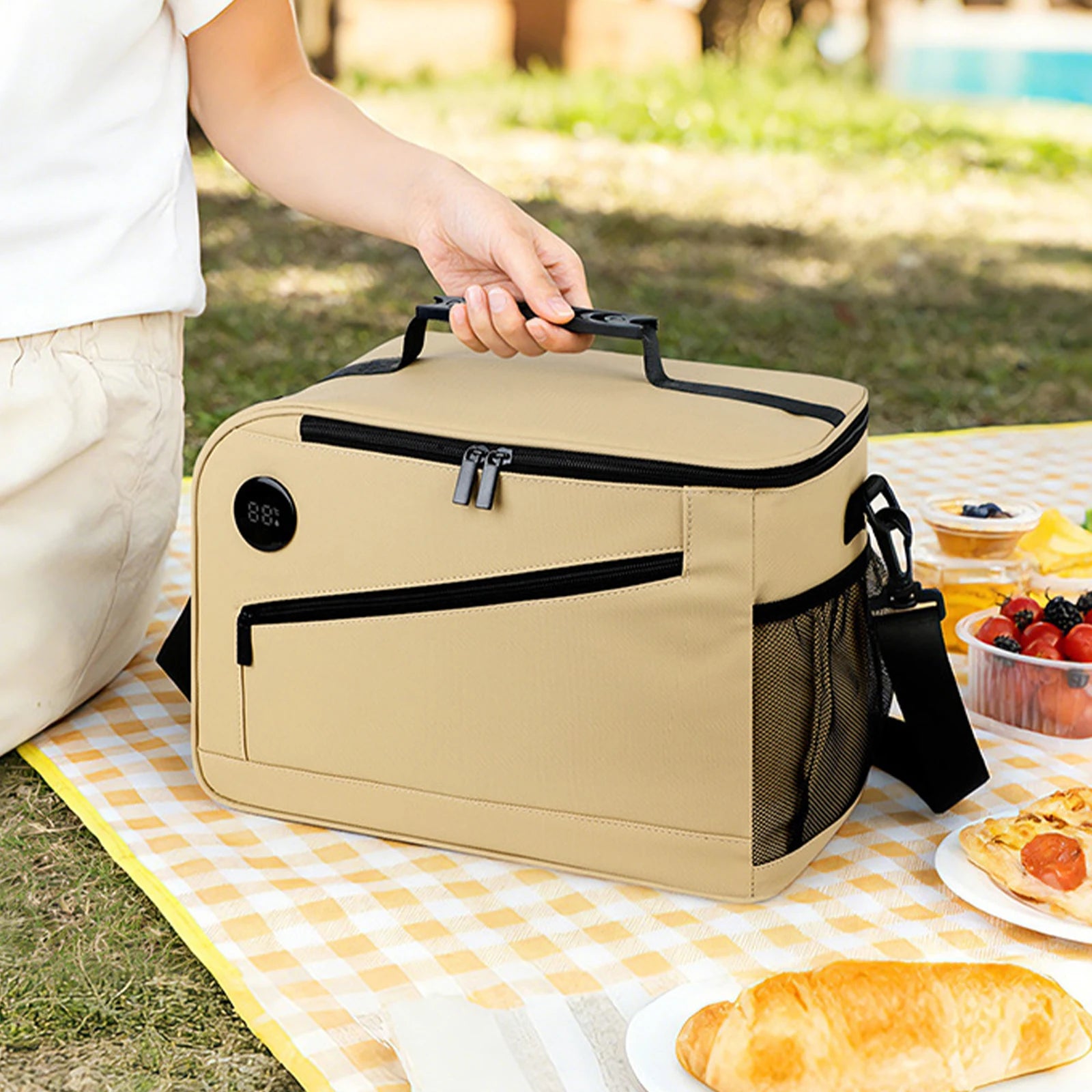 Cooler Bag Temperature Display Lunch Box Shoulder Strap Portable