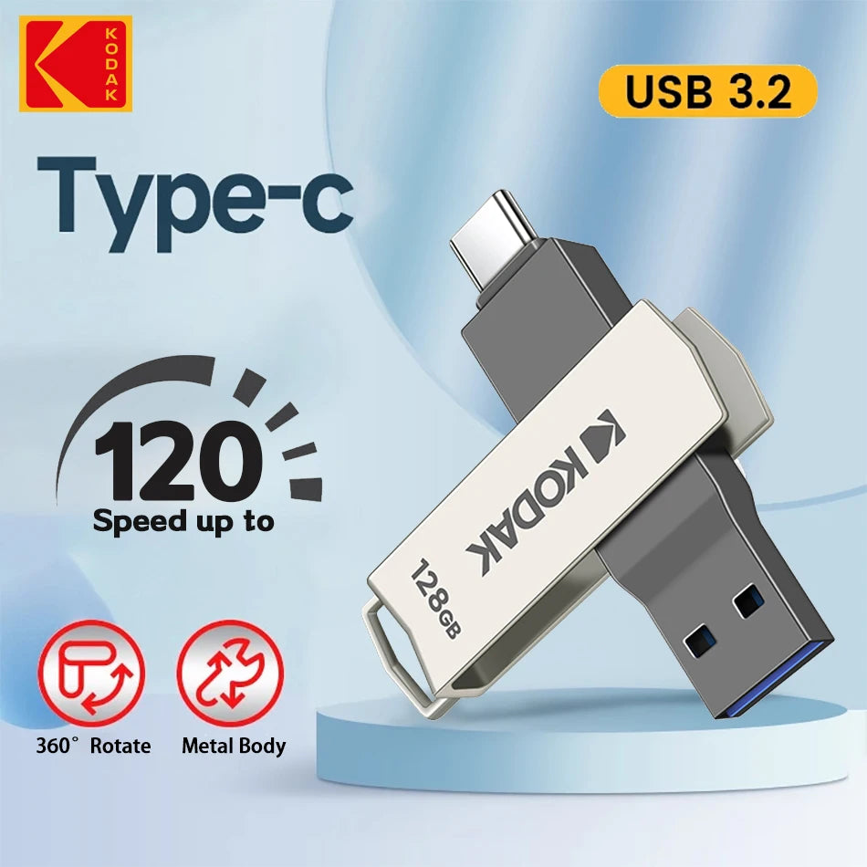 Kodak Type C Pendrive USB 3.2 Metal USB Flash Drive 128GB 64GB 32GB 256GB HDD 2 in 1 U-disk for Keys Smartphone Laptop Desktop Zpaxo