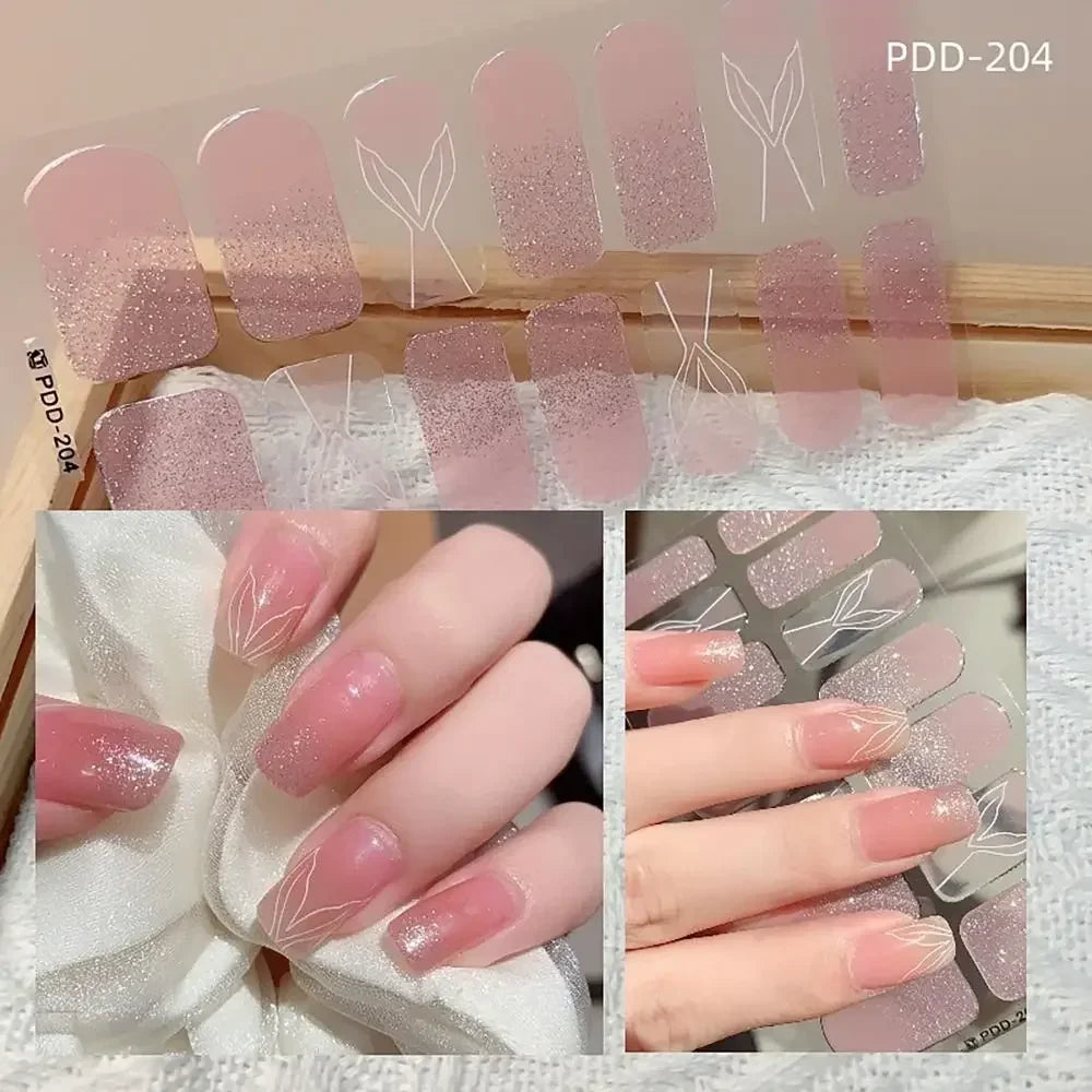 14Strips Gel Nail Stickers Full Cover Floristic Art Semi Cured Polish