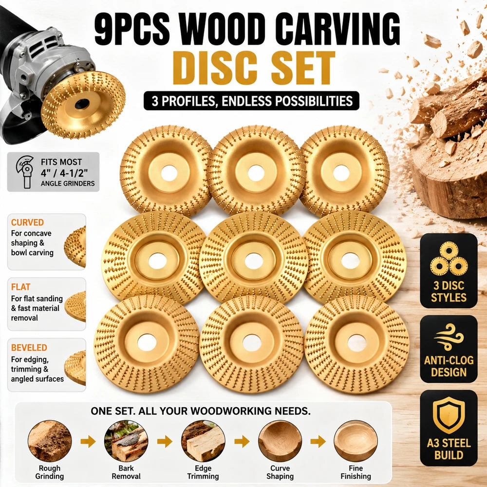 Wood Carving Disc Set For Angle Grinder 16mm A3 Steel Anti Clog Shaping Sanding Wheel Flat Curved Beveled For Woodworking Stump Zpaxo
