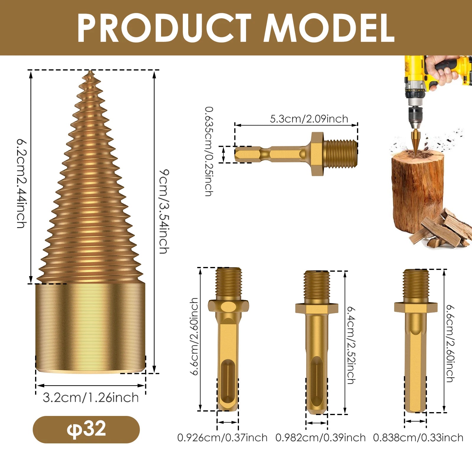 1/2PC Firewood Log Splitter 32/42mm Sturdy High-Carbon Steel Wood Log Splitter Screw Cones Drill Bit with Hex/Round/Square Shank Zpaxo UpgradeGlod32mm