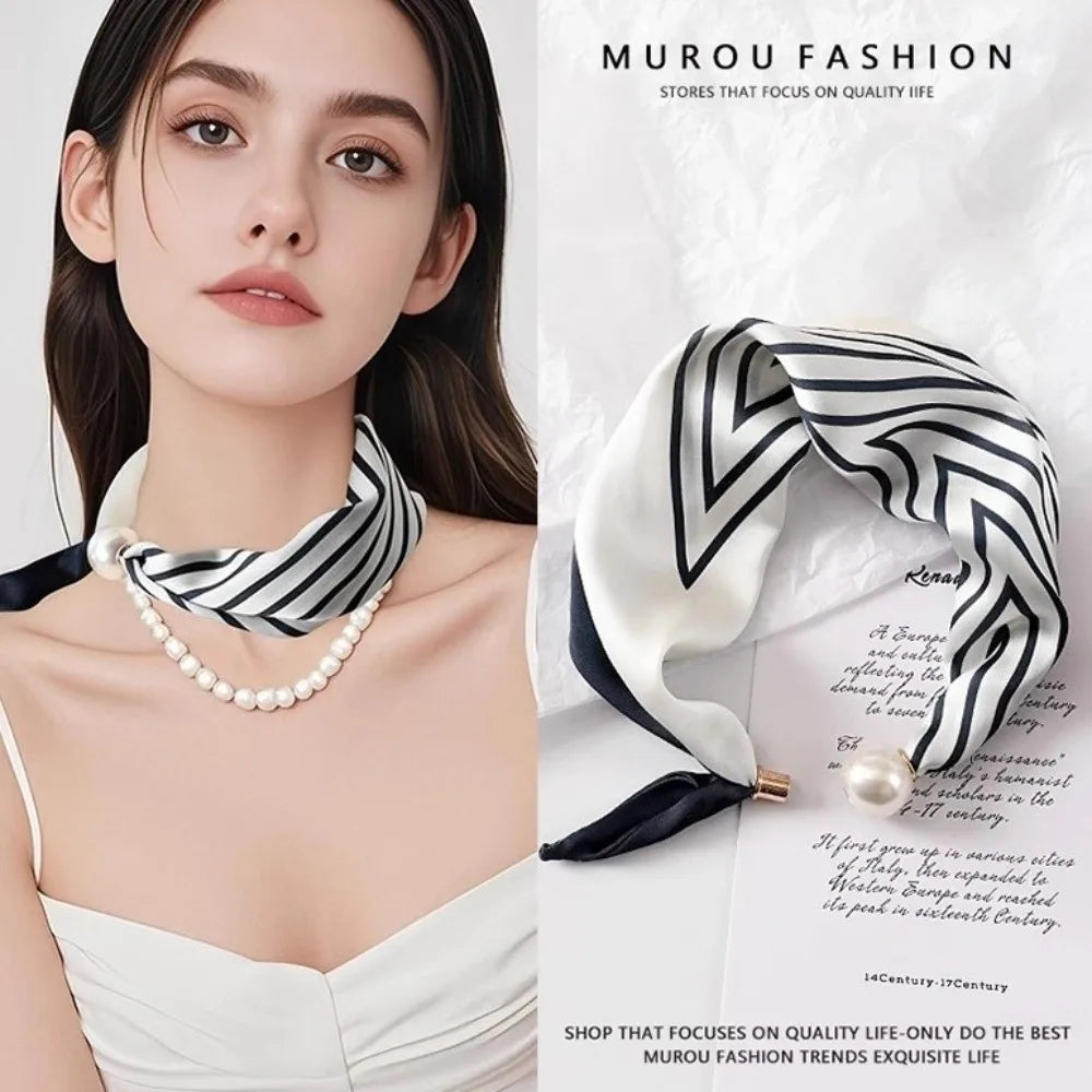Fashion Pearl Buckle Silk Scarf Thin Printed Neck Scarf Lightweight Soft Neckerchief Women Zpaxo