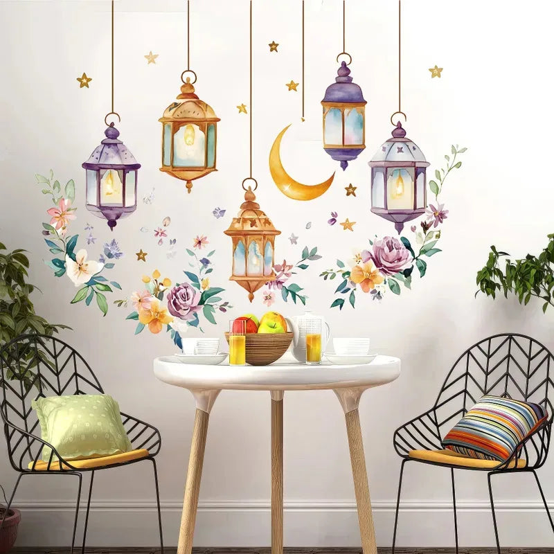 Eid Al Fitr Watercolor Plant Flower Star Moon Wall Stickers Ramadan