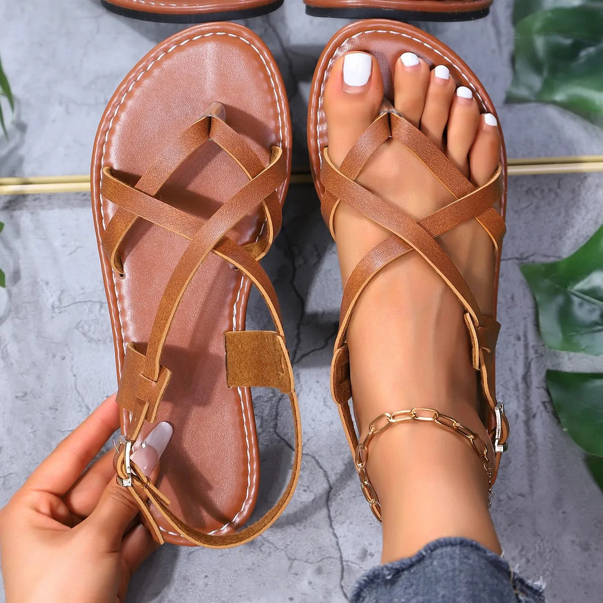 Narrow Band Ankle Buckle Beach Sandals Women Comfortable Flat Heels Zpaxo Brown 38