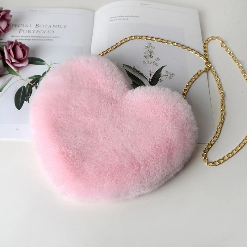 Fashion Women's Heart Shaped Handbags Cute Kawaii Faux Fur Crossbody