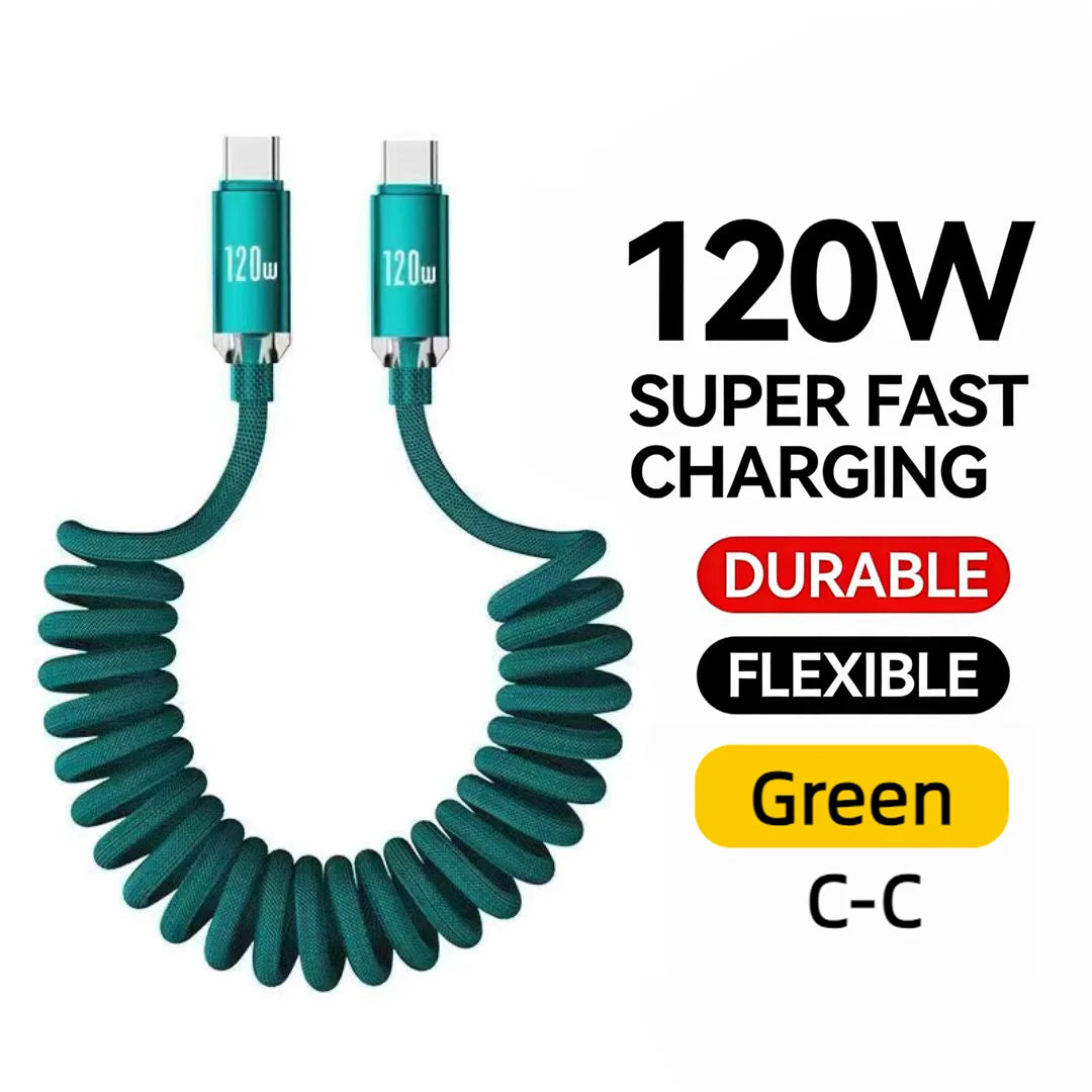 120W Retractable USB-C Fast Charging Cable – 1m & 2m USB-C Charging Cable Zpaxo C to C Green 1m