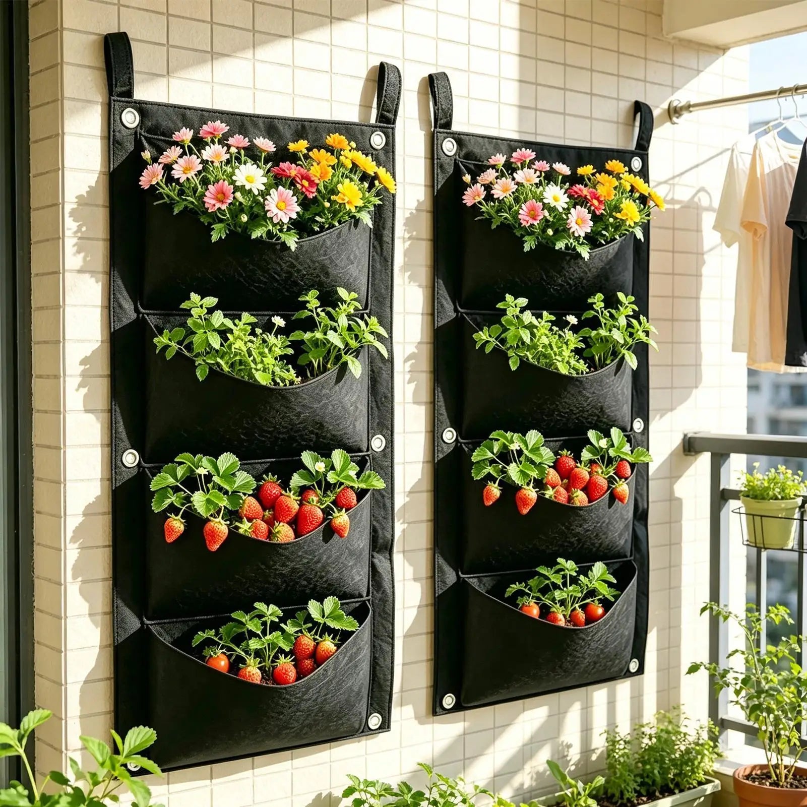 Strawberry Grow Bags Felt Pots Upside Down Strawberries Fence Wall